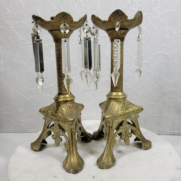 Antique Brass Candlesticks 11" Gold Candle Holder Crystal Prisms Ornate Art Deco - Picture 12 of 16